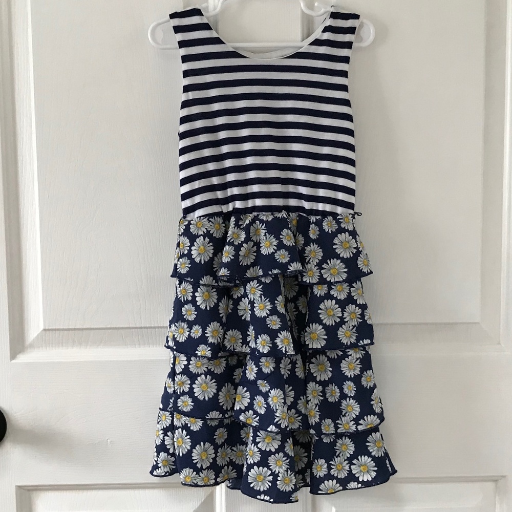 Lily Bleu navy blue white striped daisy tiered skirt Sundress Girls Size 6